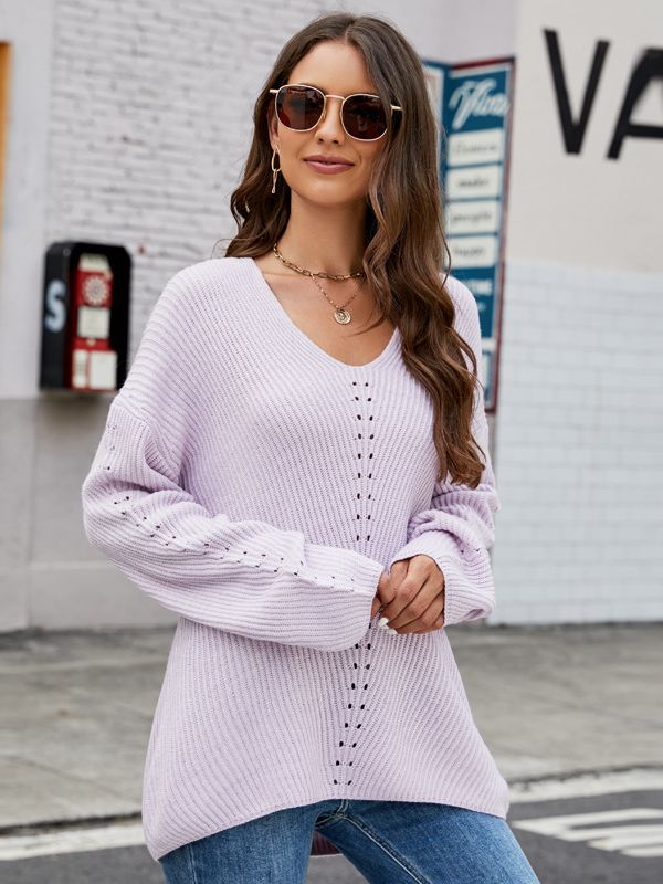Women's Fashion V-neck Casual Pullover Solid Color Sweater