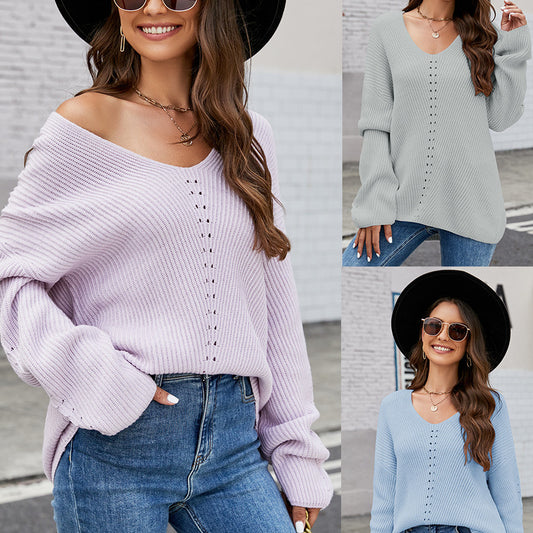 Women's Fashion V-neck Casual Pullover Solid Color Sweater